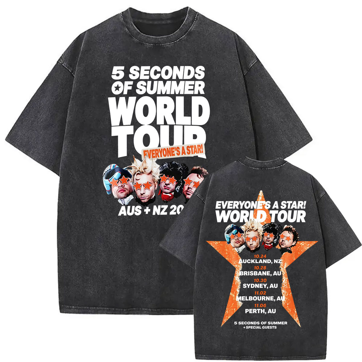 Summer Clothing Nz - 5 Seconds of Summer、みんなスター！ オーストラリア＆ニュージーランド・ワールドツアー、ヴィンテージ風ウォッシュ加工Tシャツ、メンズ、ヒップホップファッション、カジュアルTシャツ