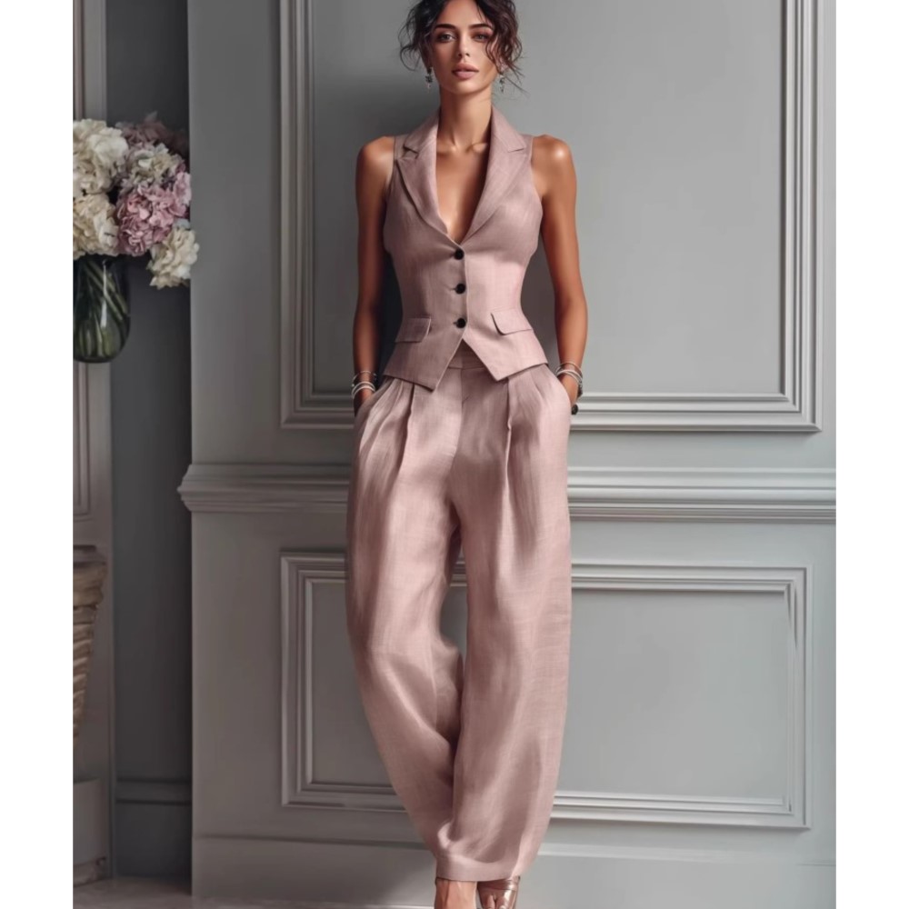 Summer Zara - 夏の新作ファッション シングルブレストノースリーブトップス＋トラウザーズ 2点セット レディース 2026 スリムベストスーツ