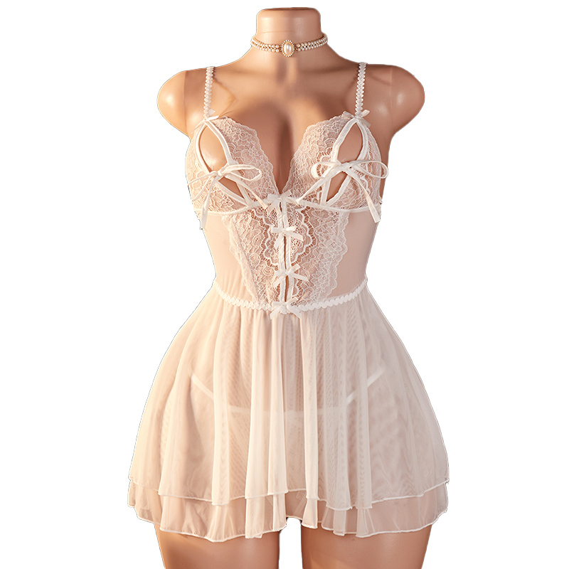 Summer Clothing Stores - 透明なセクシーな女性用ランジェリー、深いVネックの白いレースの背中開きスリーピングドレスセット、オープンボウブラ、エロティックなナイトガウンコスチューム